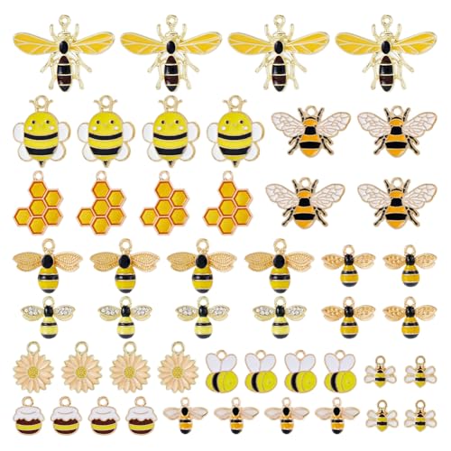 SUPERFINDINGS 48 Stück 2 Styles Bienenanhänger Wabenanhänger Niedliche Tieranhänger Legierung Emaille Anhänger Gänseblümchen Blumen Honigbienen Anhänger Gelbe Frühlingsinsekten Anhänger von SUPERFINDINGS