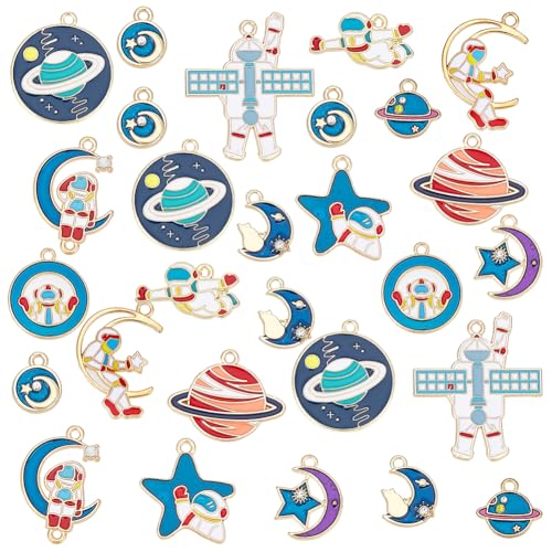 SUPERFINDINGS 48Pcs 12 Style Space Theme Emaille Anhänger Legierung Spaceman Charms Astronaut Planet Star Moon Charm Mit 1.6 2mm Loch Für DIY Schmuck Craft Making von SUPERFINDINGS