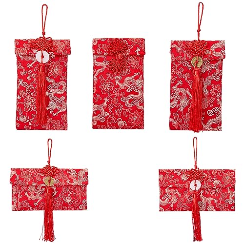 SUPERFINDINGS 5 Stück 5 Stile Rechteckige Brokat DIY Basteltasche Mit Quaste Rote Mit Blumen Bestickte Tasche Kleine Blumen Münzbeutel Für Das Chinesische Neujahr von SUPERFINDINGS