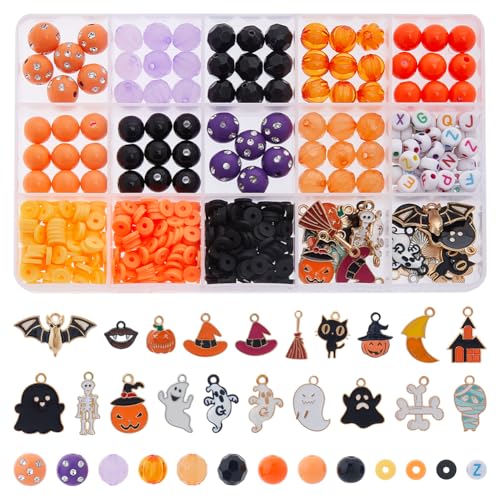 SUPERFINDINGS 567 Stück DIY Halloween Schmuckherstellungs Set Herbst Themen Perlen Acryl Buchstabenperlen Polymer Ton Perlen Halloween Legierung Emaille Anhänger von SUPERFINDINGS