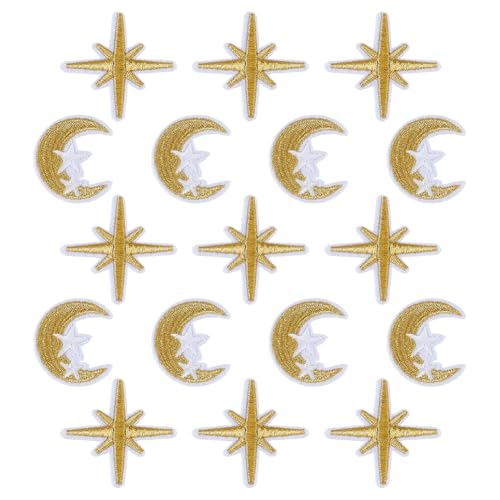 SUPERFINDINGS 60 Stück 2 Stile Mond Stern Bestickte Patch Mond Stern Bügeleisen Auf Patches Mond Stern Applikations Patches Bulk Kleine Aufnäher Gold Kleine Stoff Patches Für Kleidung von SUPERFINDINGS