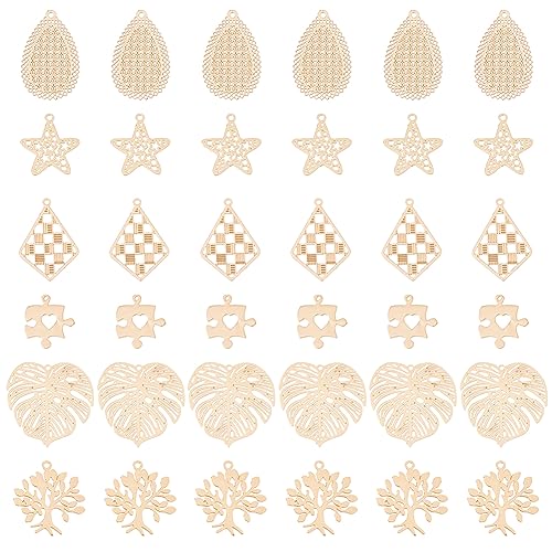 SUPERFINDINGS 60 Stück 6 Stile Geätzte Metallverzierungen Messing Herz Stern Baum Tropfen Filigrane Anhänger Gold Hohl Geschnitzte Ohrring Charms Für Schmuck Halskette Ohrring DIY Loch 1~1.6mm von SUPERFINDINGS