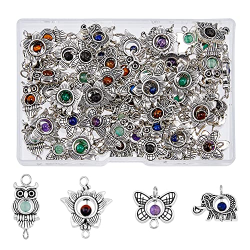 SUPERFINDINGS 64 Stück 4 Stile Natur Gemischte Stein Verbindungs Charms Antik Silber Stein Charms Links Eule Elefant Schmetterlings Verbindungs Charm Für DIY Schmuckherstellung Loch: 1.5~3.2mm von SUPERFINDINGS