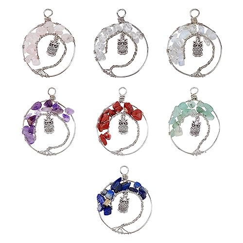 SUPERFINDINGS 7 Stück 7 Stile Legierung Eule Anhänger Charms Baum des Lebens Kupferdraht Umwickelt Anhänger Charm Glas Edelstein Perlen Anhänger Silber Baumeln Charms Loch:4~5mm von SUPERFINDINGS