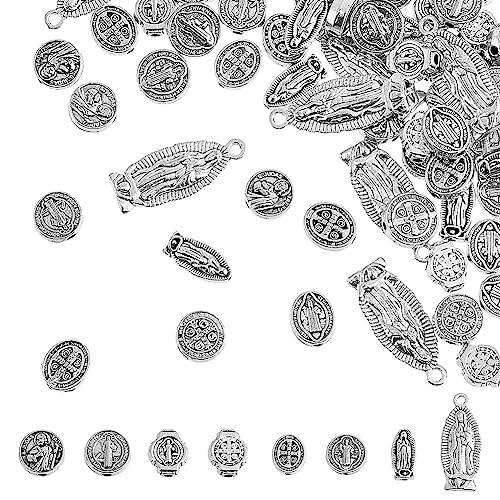 SUPERFINDINGS 80 Stück 8 Style St. Benedikt Medaillen Anhänger Religionsthema Schmuck Ovale Und Flache Runde Anhänger Mit Jesua Jungfrau Maria Legierungsperlen, Bohrung: 1~1.5mm von SUPERFINDINGS