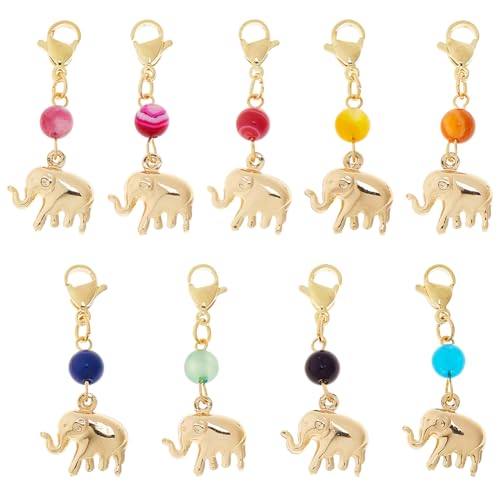 SUPERFINDINGS 9 Stück Elefanten Charm Anhänger Zum Anklipsen Elefanten Charm Aus Goldenem Messing Mit Reißverschlussanhängern Aus Naturstein Kugel Anhänger Perlen Charms Für Die DIY Schmuckherstellung von SUPERFINDINGS