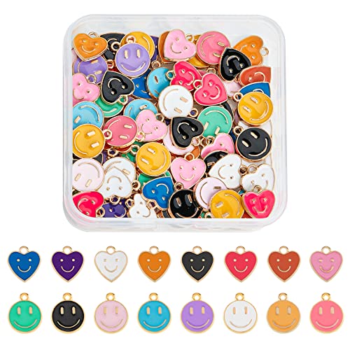 SUPERFINDINGS 96 Stück 2 Stile Lächeln Gesicht Charms Anhänger Legierung Emaille Charms Anhänger 8 Farben Flaches Rundes Herz Mit Lächelndem Charms Für Die Schmuckherstellung,Bohrung:1.5~1.6 mm von SUPERFINDINGS