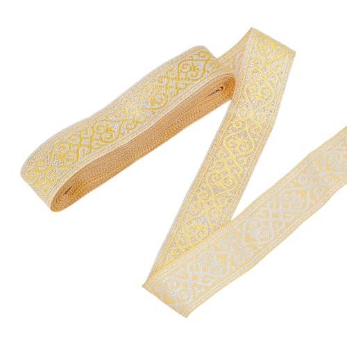 SUPERFINDINGS Jacquard Band 7.66 Meter 3.3 cm Breit Ethnischer Stil Jacquard Borte Weiß Goldene Blumenstickerei Bänder Alte Spitzenblumen Polyester Borten Für DIY Kleidung Nähzubehör von SUPERFINDINGS