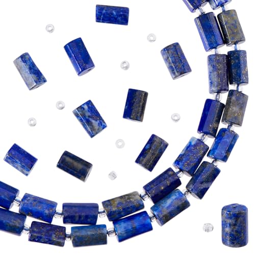 SUPERFINDINGS Natürliche Lapislazuli-Perlen, Stränge, Naturstein-Perlenstränge, Indigo-Farbe, Zylinderperlen, Steinrohr, lose Perlen, Spalte, facettierte Perlen mit Rocailles-Perlen (ca. 14–15 von SUPERFINDINGS