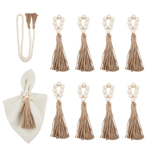 SUPERFINDINGS Serviettenringe 9er Set Holzperlen Serviettenringe Mit Jute Quaste Lange Halter In Boho Braunfarbe Für Tisch Essen Hochzeit Zusammenkunft Heimdekoration von SUPERFINDINGS