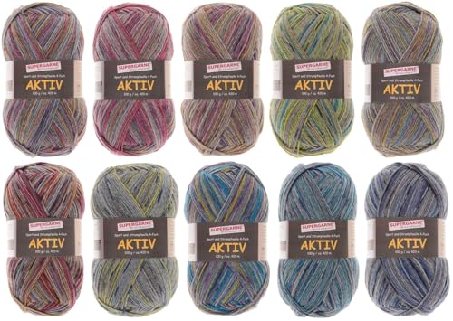 SUPERGARNE Sockenwolle Aktiv 4-fädig – 1000 g (10x100g), Strapazierfähig, Maschinenwaschbar, Made in Italy, Ideal für Socken und Strickprojekt (Cloudy) von SUPERGARNE