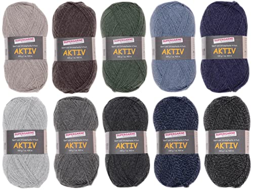 SUPERGARNE Sockenwolle Aktiv 4-fädig – 1000 g (10x100g), Strapazierfähig, Maschinenwaschbar, Made in Italy, Ideal für Socken und Strickprojekt (Melange) von SUPERGARNE