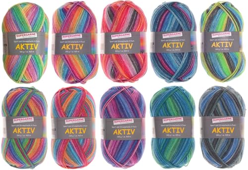 SUPERGARNE Sockenwolle Aktiv 4-fädig – 1000 g (10x100g), Strapazierfähig, Maschinenwaschbar, Made in Italy, Ideal für Socken und Strickprojekt (Rainbow II.) von SUPERGARNE