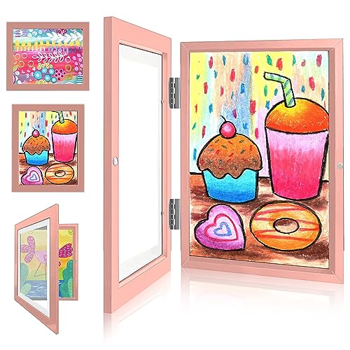 SUPERSUN Kinder Kunstrahmen Frontöffnung A4 Aufklappbar Holz Kunstfotorahmen befüllbar Bilderrahmen Sammelrahmen für Kunstwerke Kinderzeichnungen Kunstprojekte ZuhauseBüro (1 pcs, Pink) von SUPERSUN