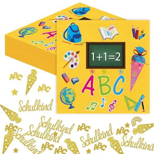 Servietten Schulanfang Einschulung Deko Konfetti - SUPJADE Serviettes Schulkind Tischdeko Servietten Einschulung Schuleinführung mit Zuckertüte und ABC Deko Schulanfang Jungs und Mädchen 33x33cm von SUPJADE