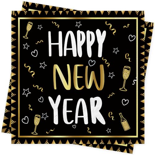 Silvester Servietten Happy New Year Papierservietten 40Stück Neujahr Servietten Silvester Deko Silvester Tischdeko Schwarz Gold Servietten für Neujahr Party Dekoration New Years Eve Napkins von SUPJADE