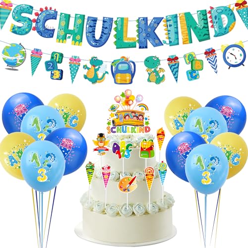 Tortendeko Einschulung Schuleinführung-Schulanfang Deko Junge - SUPJADE Tortenaufsätze Einschulung SCHULKIND Einschulung Deko Mädchen SCHULKIND Zuckertüten Girlande Schulanfang Luftballon Deko von SUPJADE