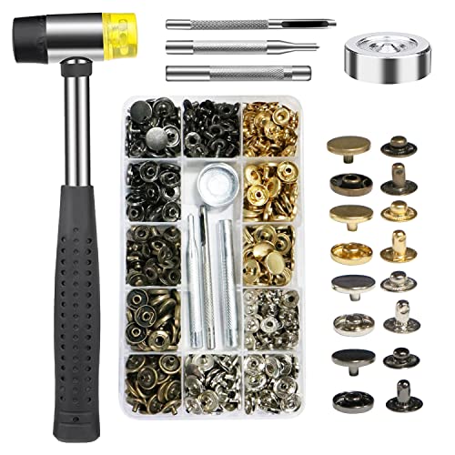 120Sets Druckknopf Set,mit Hammer Fixierwerkzeug Kit,Snaps Druckknöpfe,Kupfer Druckknöpfe Kit für Leder Handwerk Jacke Brieftasche Handtasche (4 Farben, 12 mm) von SUPRBIRD