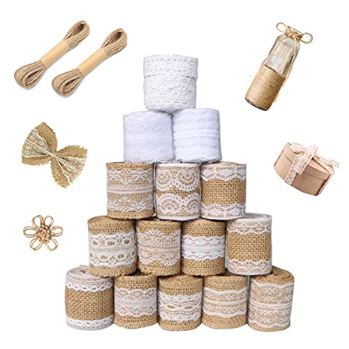 Juteband Vintage Spitzenband, 16 Rolle Vintage Juteband mit Spitze, Jute Spitzenband, Spitzenbordüre Dekoband Rolle mit 20m Schnur für DIY Handwerk, Hochzeit, Party, Weihnachten Deko, Geschenkband von SUPRBIRD