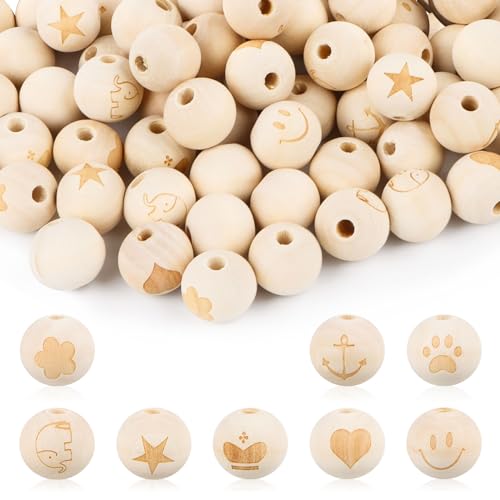 SUPRROW Holzperlen mit Gesicht, 80Stück Holzperlen mit Gesicht Engel,Holzperlen Natur 20mm mit 8 Muster, für Dekorationen Kunsthandwerk DIY-Schmuck (80pc New) von SUPRROW