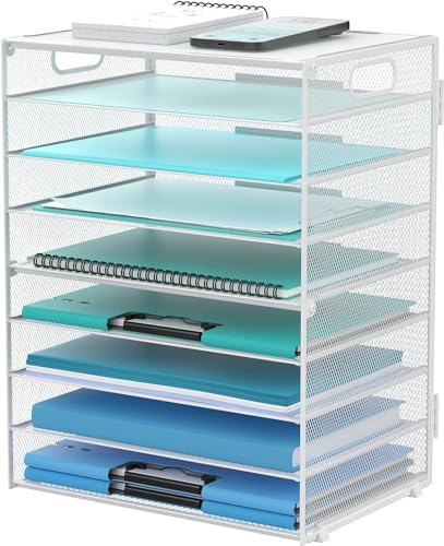 SUPTIDY 9-stöckiges Papier-Briefablage, Schreibtisch-Organizer mit Griffen, Netz-Aktenhalter, Organisation, Papiersortierer, Schreibtisch-Organizer für Büro, Weiß von SUPTIDY