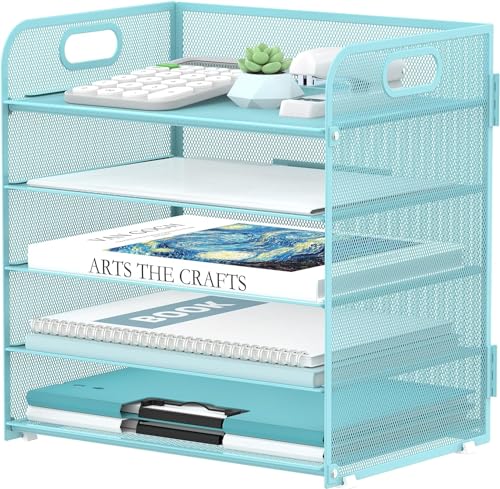 SUPTIDY Papier-Organizer mit Griff mit 5 Fächern, Netzstoff, Schreibtisch-Ordner, Brief-Organizer, schwarzer Papiersortierer für Büro, Zuhause oder Schule, Blau von SUPTIDY