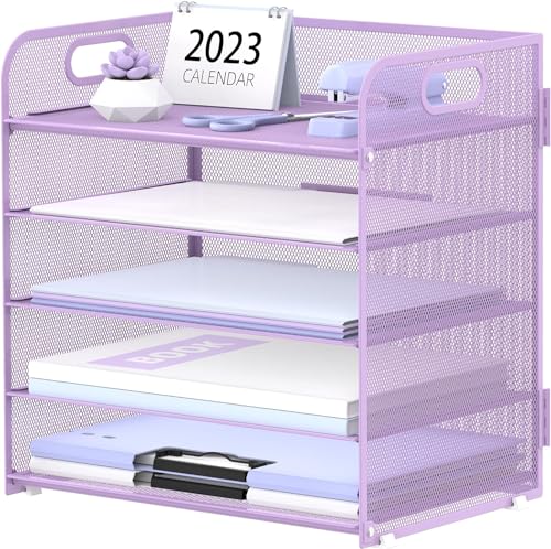 SUPTIDY Papier-Organizer mit Griff mit 5 Fächern, Netzstoff, Schreibtisch-Ordner, Brief-Organizer, schwarzer Papiersortierer für Büro, Zuhause oder Schule, Lila von SUPTIDY