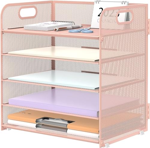 SUPTIDY Papier-Organizer mit Griff mit 5 Fächern, Netzstoff, Schreibtisch-Ordner, Brief-Organizer, schwarzer Papiersortierer für Büro, Zuhause oder Schule, Rosa von SUPTIDY