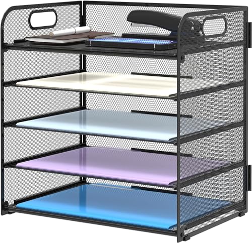 SUPTIDY Papier-Organizer mit Griff mit 5 Fächern, Netzstoff, Schreibtisch-Ordner, Brief-Organizer, schwarzer Papiersortierer für Büro, Zuhause oder Schule, Schwarz von SUPTIDY