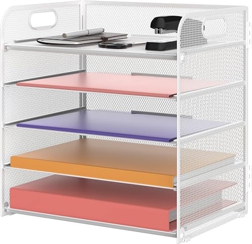 SUPTIDY Papier-Organizer mit Griff mit 5 Fächern, Netzstoff, Schreibtisch-Ordner, Brief-Organizer, schwarzer Papiersortierer für Büro, Zuhause oder Schule, Weiß von SUPTIDY