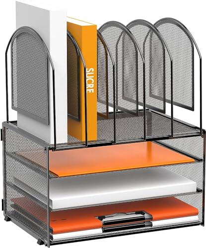 SUPTIDY Schreibtisch-Organizer aus Papier, 3-stöckig, Briefablage mit 5 vertikalen Aktenhaltern, Multifunktions-Schreibtisch-Organizer, Schreibtisch-Organizer und Zubehör für Heimbüro, Schwarz von SUPTIDY