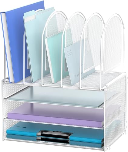 SUPTIDY Schreibtisch-Organizer aus Papier, 3-stöckig, Briefablage mit 5 vertikalen Aktenhaltern, Multifunktions-Schreibtisch-Organizer, Schreibtisch-Organizer und Zubehör für Heimbüro, Weiß von SUPTIDY