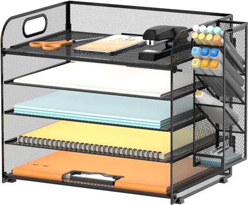 SUPTIDY Schreibtisch-Organizer mit 5 Etagen, mit Griff und abnehmbaren Stifthaltern, Netz-Papier-/Akten-Organizer für den Schreibtisch, Papier-Briefablage für Bürobedarf (Schwarz) von SUPTIDY