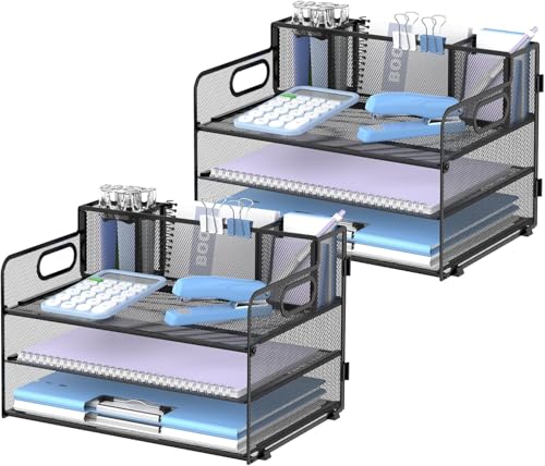 Suptidy Schreibtisch-Organizer mit 3 Etagen, mit Griff und 3 Stifthaltern, Netz-Papier-/Akten-Organizer für den Schreibtisch, Papier-Briefablage für Bürobedarf, 2-Sätze von SUPTIDY