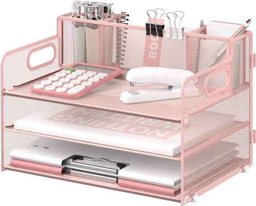 Suptidy Schreibtisch-Organizer mit 3 Etagen, mit Griff und 3 Stifthaltern, Netz-Papier-/Akten-Organizer für den Schreibtisch, Papier-Briefablage für Bürobedarf, Rosa von SUPTIDY