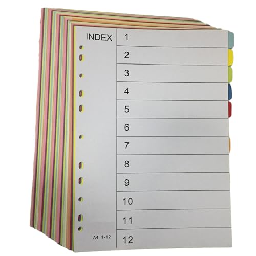 SUQ A4 Ordner Trennblätter, 10er-Pack 1-12 Teilige Ordner Trennblätter, Index Multi-punched Reinforced Board Multi-Colour Blank Tabs, Aktenregister A4 für Aktenordner, Ringordner, Büro, Schule von SUQ