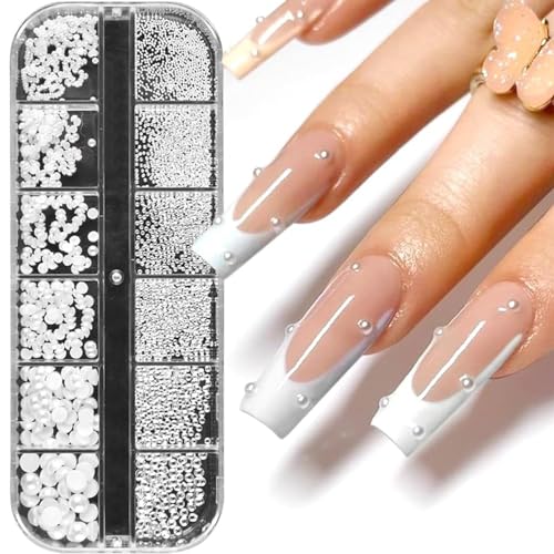 SURALIN 1 Box/12 Tabletts Nail Charms Weiße Perlennägel Halbrunde Perlen Nail Art Charm, Kleine Edelstahlperlen Steinchen für Nägel Glitzersteine Nägel Nageldekoration DIY Nail Art Crafts von SURALIN