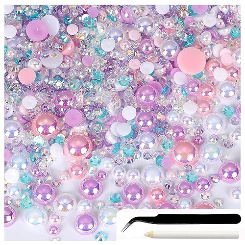 SURALIN 30 g Perlen und Strasssteine ​​mit flacher Rückseite zum Basteln, 3 mm–10 mm gemischte Perlen-Strasssteine ​​für Nägel, Gesichtskunst, Glas mit Pinzette, Buntstiften(lila rosa weiß) von SURALIN