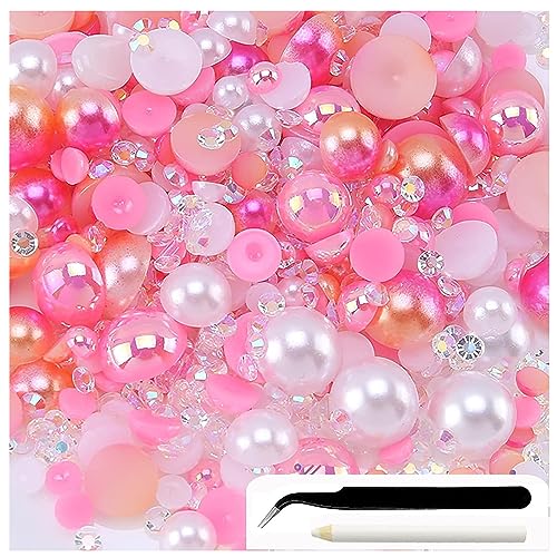 SURALIN 30 g Perlen und Strasssteine ​​mit flacher Rückseite zum Basteln, 3 mm–10 mm gemischte Perlen-Strasssteine ​​für Nägel, Gesichtskunst, Glas mit Pinzette, Buntstiften(rosa weiß) von SURALIN