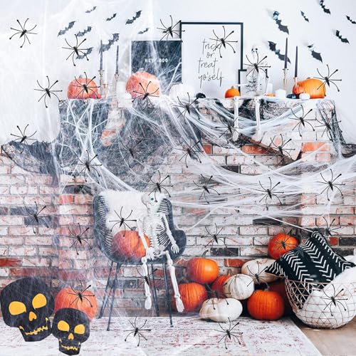 Halloween Deko Spinnennetz, 200g Weiß Baumwolle Spinnweben Mit 60 Horror Spinnen, Dekoration Outdoor Innen Fenster Tür, Tischdekoration für Party Karneval Garten Spukhaus Gruselige von SUVEK