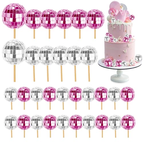 30 Stück Discokugel-Cupcake-Topper – 70er-Jahre-Retro-Kuchendekorationen mit Stab, Discokugel-Kuchendekorationen, Mini-Disco-Kugel, Disco-Party-Dekorationen für Disco-Mottoparty, von SUWIWKKOA