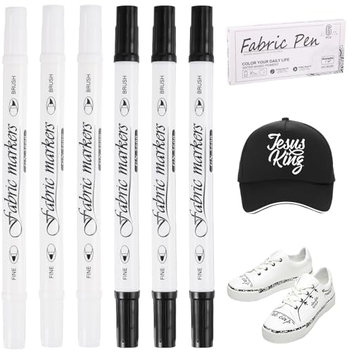 SUWIWKKOA 6 Stück Textilstifte Waschmaschinenfest, 1-5mm Dual Tip Textilmarker Permanent Textilstift Schwarz Textilmarker Weiß, Waschfest Textilmarker für T-Shirt Textilien von SUWIWKKOA