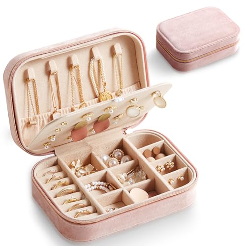 Schmuckkästchen Klein Samt, Reise Schmuckbox Damen Schmuckaufbewahrung Kleine Schmuckkoffer Tragbar Jewellery Box Schmuck Organizer Schmuckschatulle für Ringe, Ohrringe, Halsketten, Geschenk (Rosa) von SUWIWKKOA