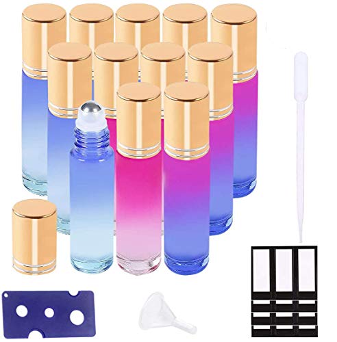 Ätherische Öle Roller Flaschen Multicolor Glasflaschen Edelstahl Roller Bällen 10ml mit für aromaöl und duftöl nachfüllbares 12 Stück （Trichter, Öffner, Etiketten, Plastik-Pipetten） von SUXNOS