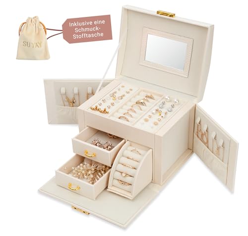 SUYAY Schmuckkästchen Schmuckaufbewahrung für Mädchen Damen Schmuckkasten für Ohrringe Ketten Ringe Schmuckschatulle abschließbar mit Jewelry Beutel Schmuck Organizer zum Reisen | modern weiß/perle von SUYAY