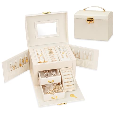 SUYAY Schmuckkästchen für Damen und Mädchen Schmuckschatulle für jegliche Art von Schmuck Jewelry organizer mit Spiegel Schloss Schmuckaufbewahrung zum reisen Geschenk Schmuckkasten modern weiß/perle von SUYAY