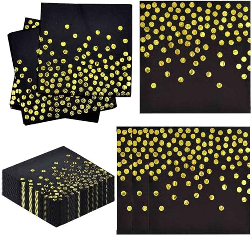 Servietten Schwarz Gold, 33 x 33 cm Goldfolienpunkte, 2-lagige goldene folierte Papierservietten für Hochzeitsfeiern, 60 Stück (Gold + Schwarz) von SVUPUE