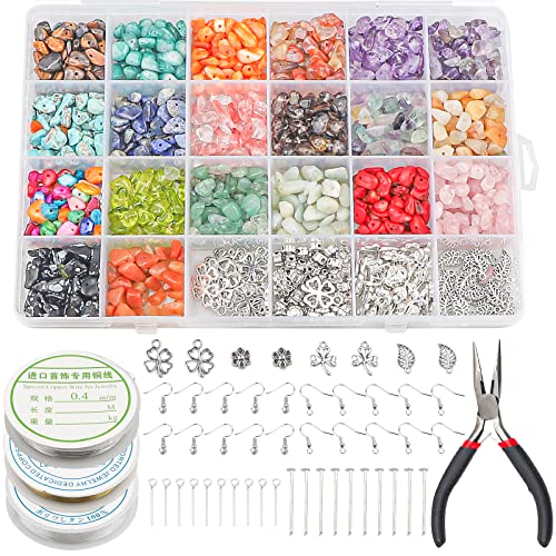 SWAWIS 24 Farben Schmuck Selber Machen Set, Naturform Edelsteine Perlen mit Loch, Schmuck Ketten Ohrringe Selber Machen Set, DIY Ohrringe Ketten Schmuck Basteln von SWAWIS