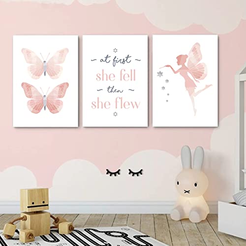 SWECOMZE 3er Set Poster Kinderzimmer, Rosa Schmetterling Bilder Ohne Rahmen, Kinderposter, Bilder Babyzimmer, Wandbilder Deko Für Mädchen (40 x 50cm) von SWECOMZE