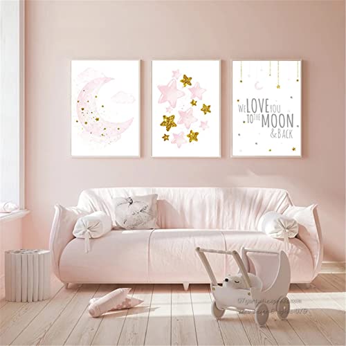 SWECOMZE Poster Kinderzimmer, 3er A4 Bilder Babyzimmer Stern Mond - Wandbilder Kinderbilder Babyzimmer Babybilder (B) von SWECOMZE